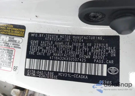 2005 Toyota Camry Se V6 from USA, damaged, VIN 4T1BA32KX5U507425